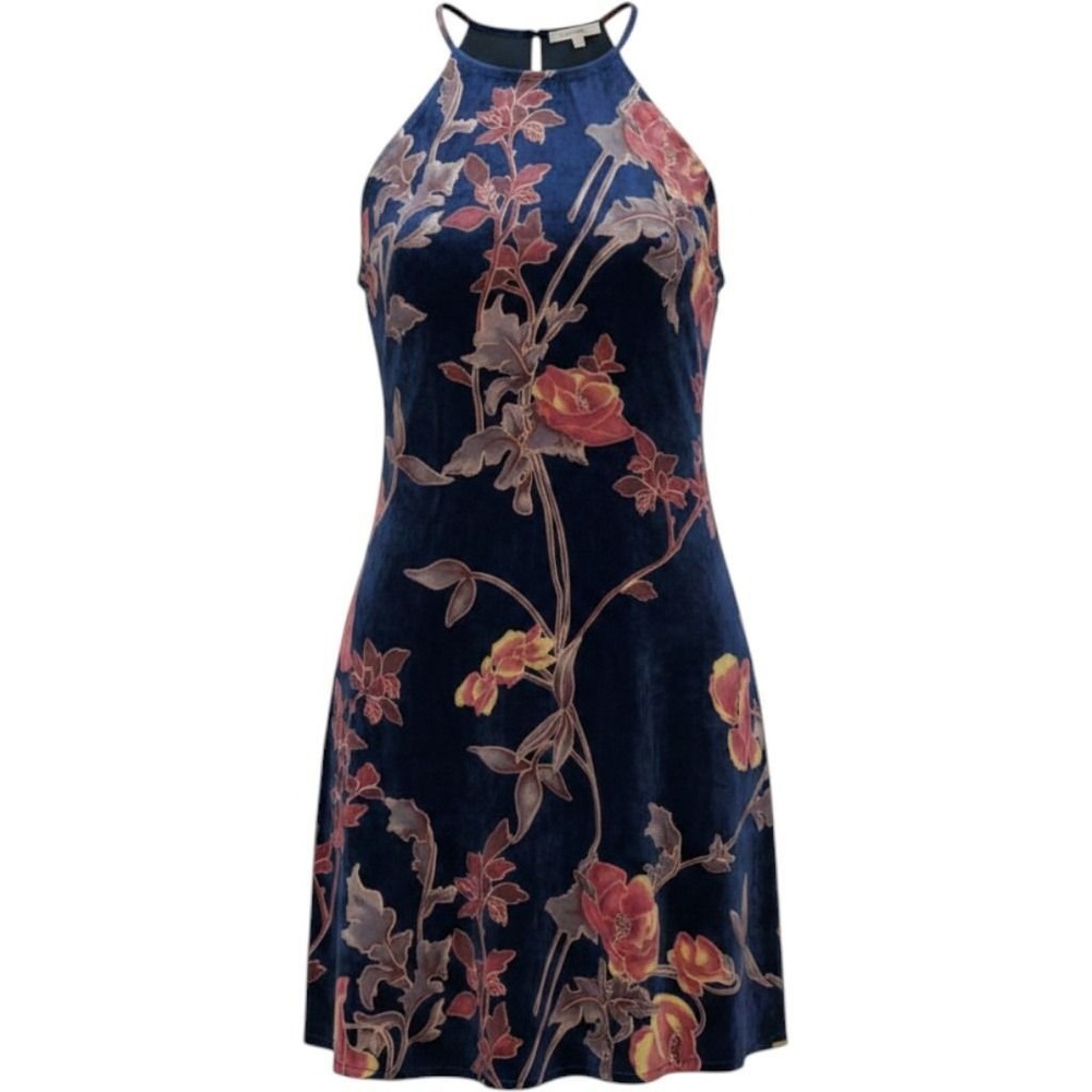 Entro Floral Velvet Burnout Halter Dress Womens Small Navy Boho Autumn Feminine